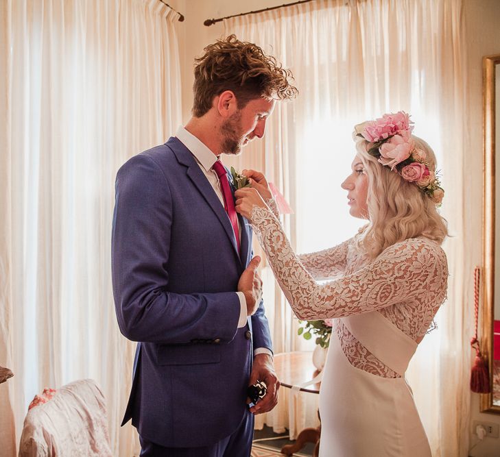 Boho Bride in Lace Rime Arodaky Olsen Gown & Flower Crown | Tuscany Wedding | Due su Due Photography