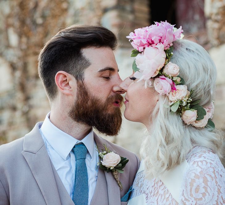 Boho Bride in Lace Rime Arodaky Olsen Gown & Flower Crown | Tuscany Wedding | Due su Due Photography