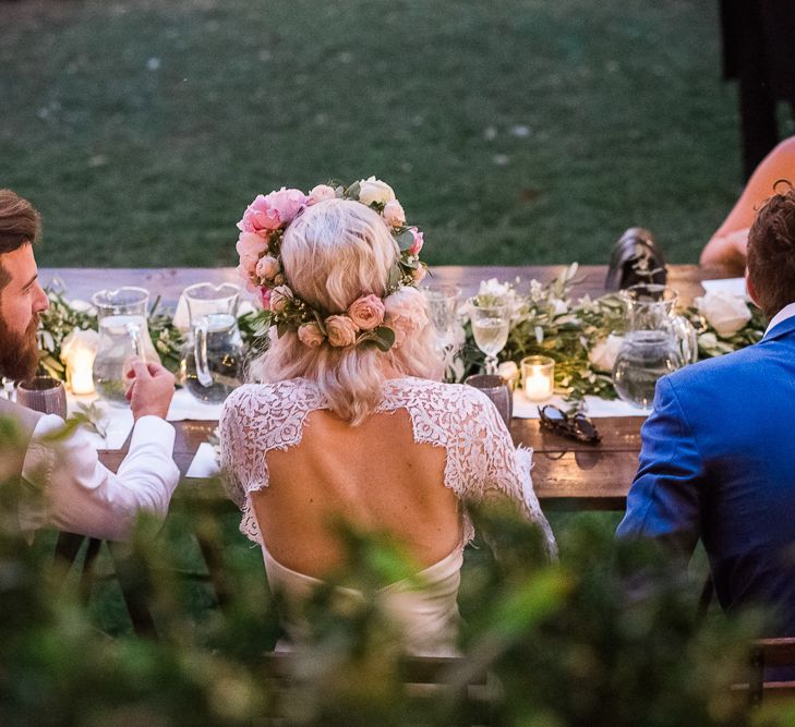 Boho Bride in Lace Rime Arodaky Olsen Gown & Flower Crown | Tuscany Wedding | Due su Due Photography