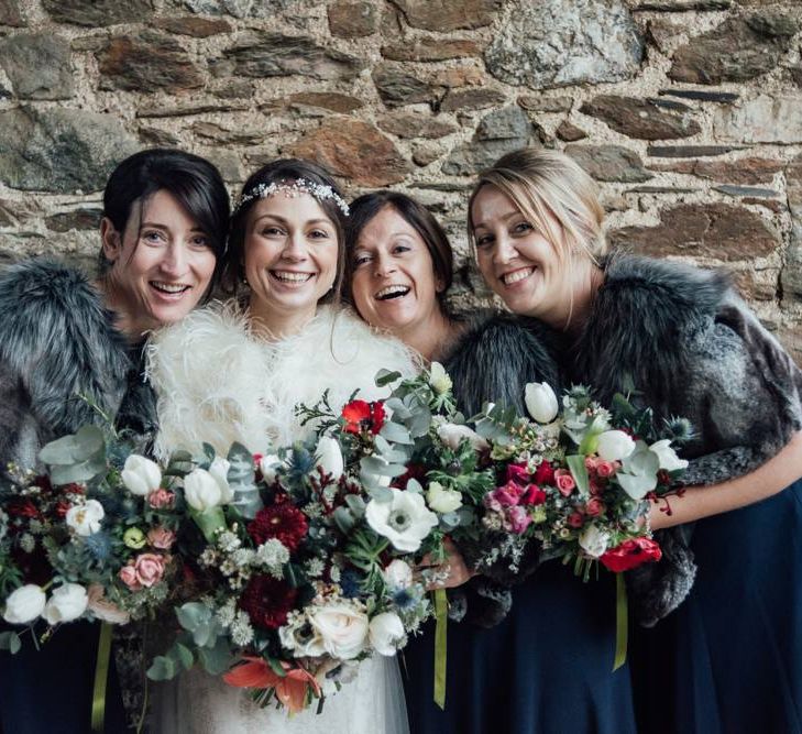 Bridesmaids In Navy For Christmas Wedding