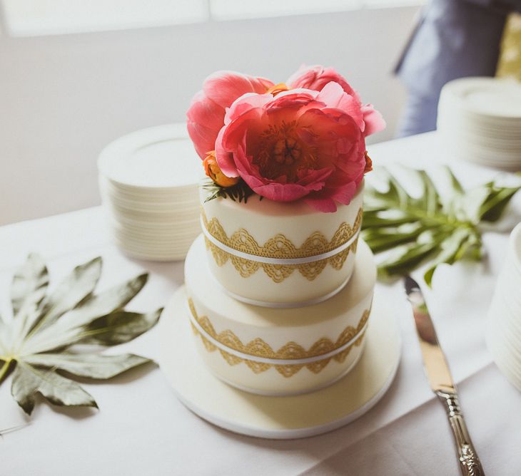 Wedding Cake with Peony Topper | Tropical Trinity Buoy Wharf Wedding | Matt Penberthy Photography