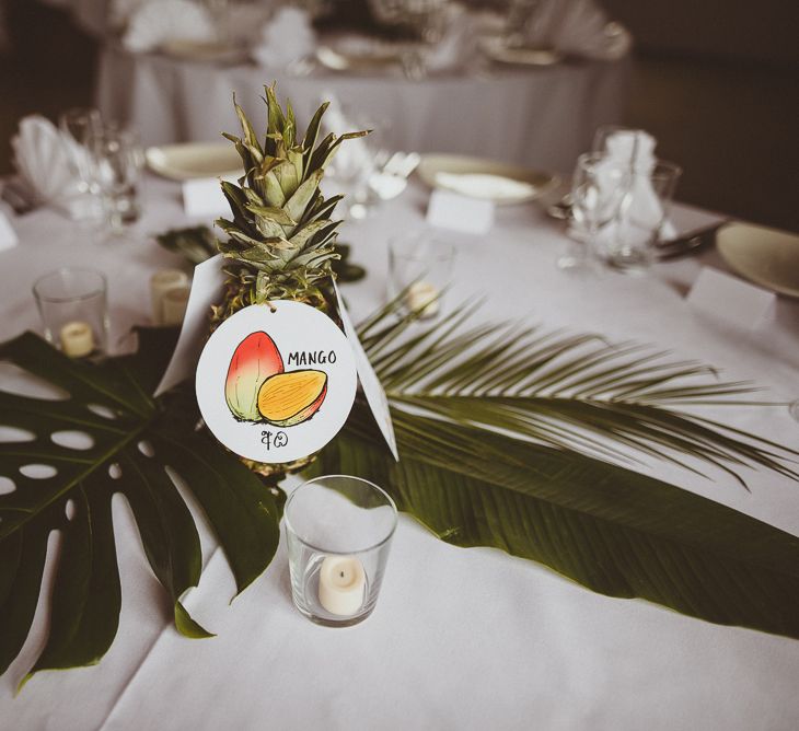 Fern Leaves & Pineapple Centrepieces | Tropical Trinity Buoy Wharf Wedding | Matt Penberthy Photography