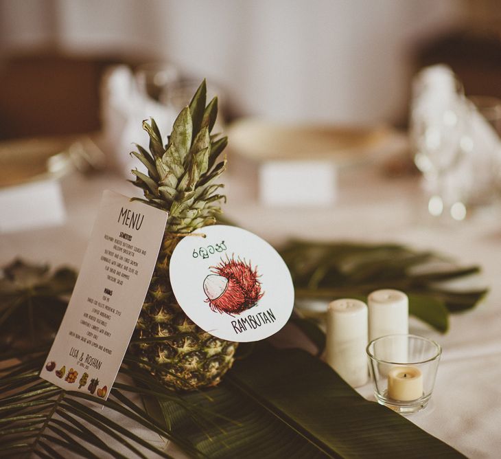 Fern Leaves & Pineapple Centrepieces | Tropical Trinity Buoy Wharf Wedding | Matt Penberthy Photography