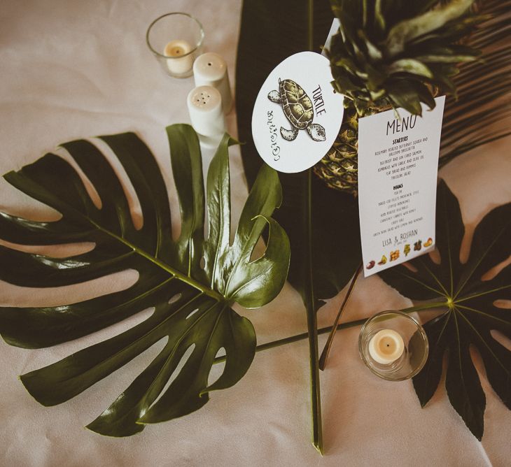 Fern Leaves & Pineapple Centrepieces | Tropical Trinity Buoy Wharf Wedding | Matt Penberthy Photography