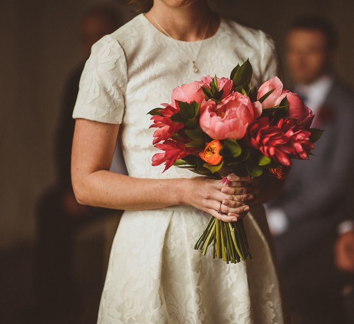 Coral Pink Peony Wedding Bouquet | Tropical Trinity Buoy Wharf Wedding | Matt Penberthy Photography