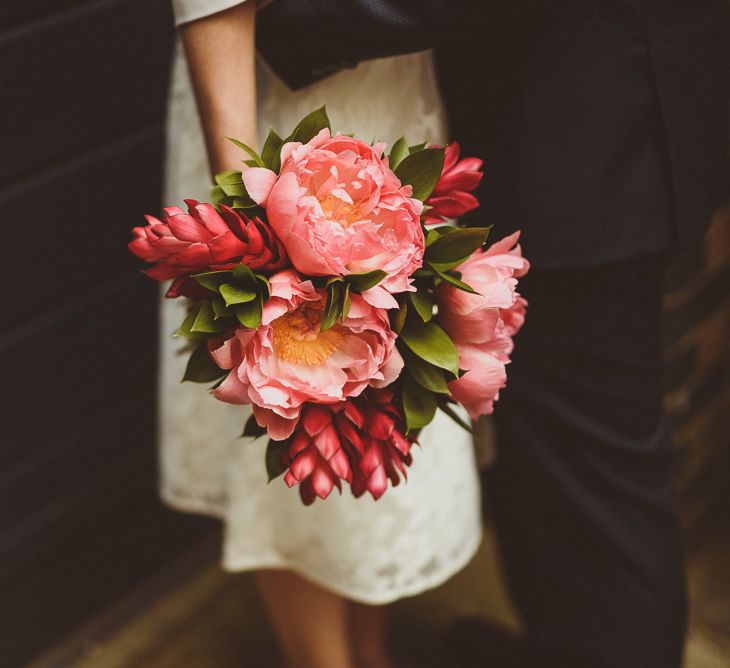 Coral Pink Peony Wedding Bouquet | Tropical Trinity Buoy Wharf Wedding | Matt Penberthy Photography