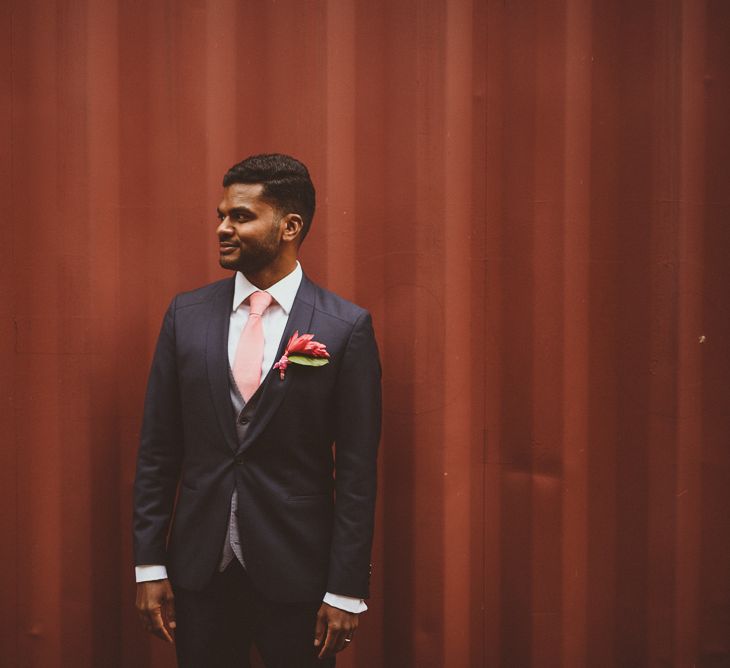 Pink Wedding Tie | Groom in Hugo Boss | Tropical Trinity Buoy Wharf Wedding | Matt Penberthy Photography