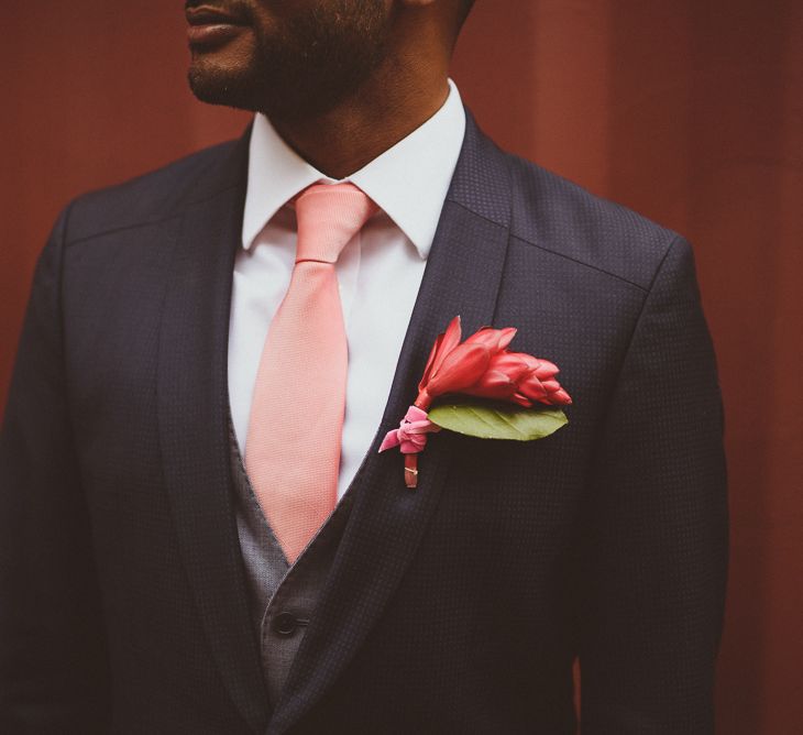 Bright Pink Buttonhole | Groom in Hugo Boss | Tropical Trinity Buoy Wharf Wedding | Matt Penberthy Photography