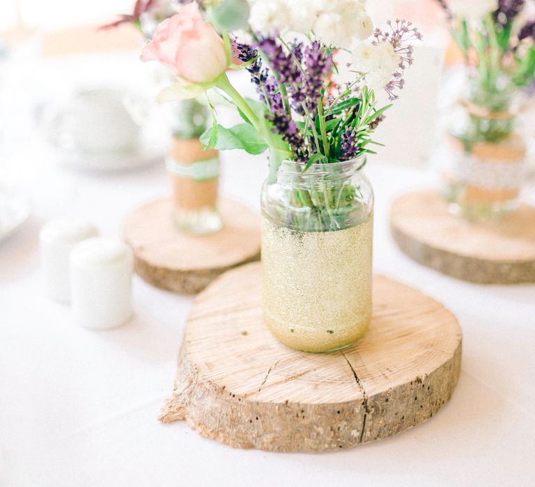 Jam Jar Flowers With Log Slice Centrepieces