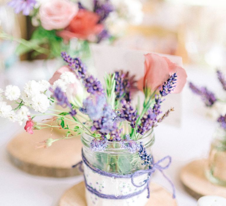 Jam Jar Flowers With Log Slice Centrepieces