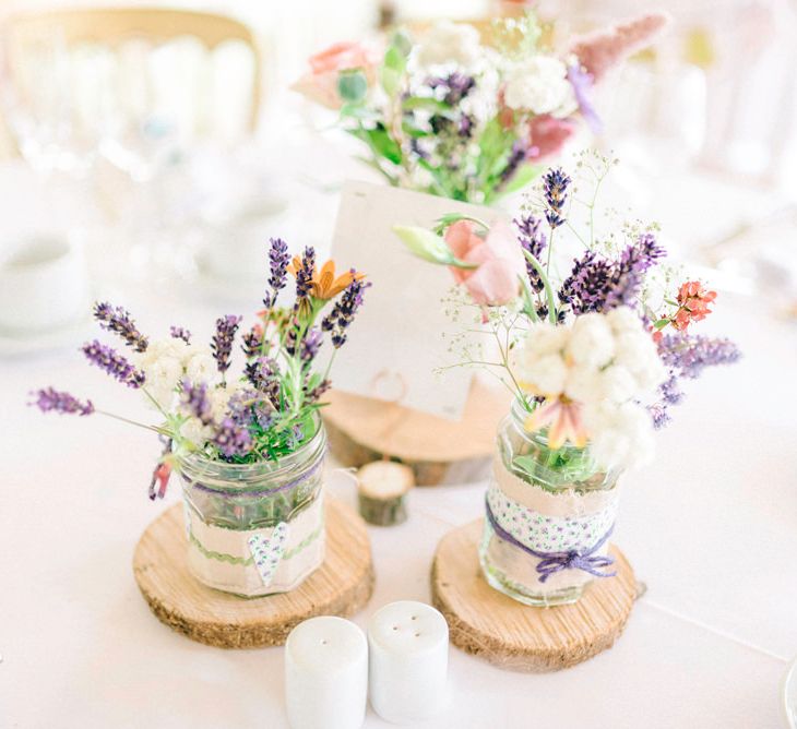 Jam Jar Flowers With Log Slice Centrepieces