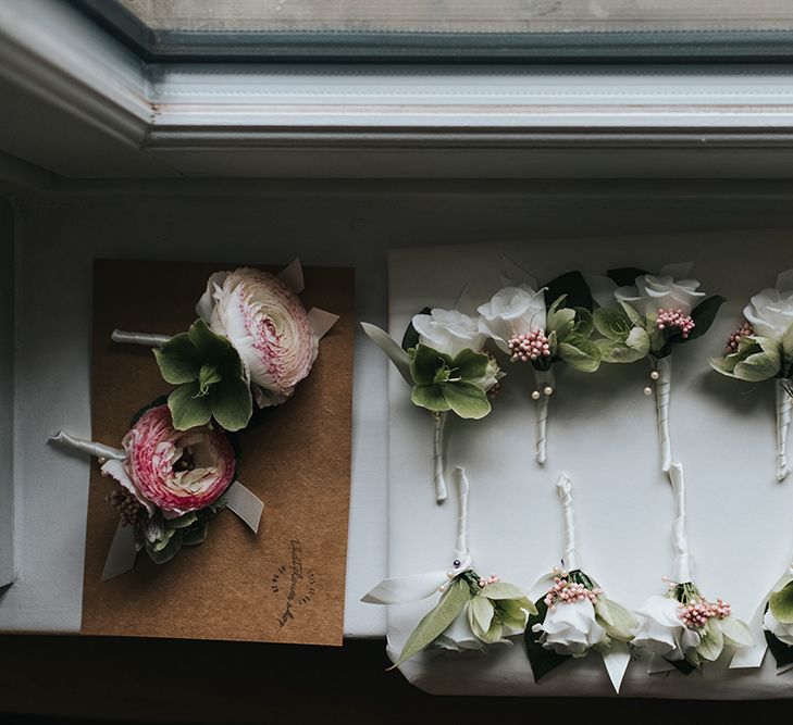 White Buttonholes For Wedding // Image By Miss Gen Photography