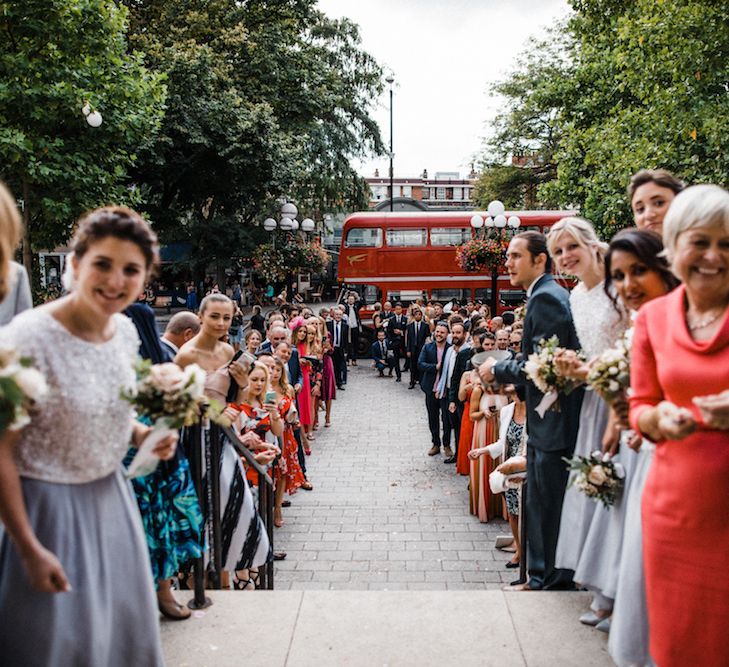 Jenny Packham Bride For A Relaxed Garden Party Style Wedding At Bourne & Hollingsworth Building With Bridesmaids In Coast Separates Images From Through The Woods We Ran