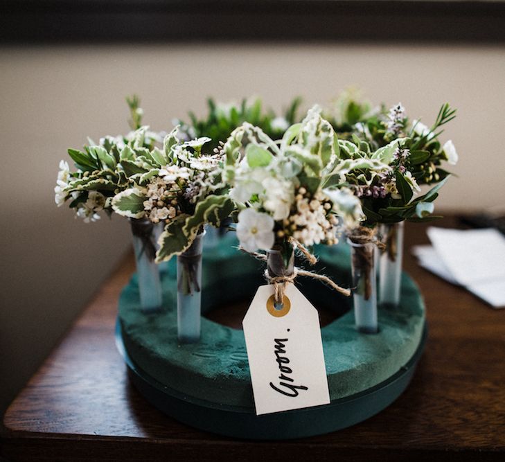 Buttonholes From Worm London // Jenny Packham Bride For A Relaxed Garden Party Style Wedding At Bourne & Hollingsworth Building With Bridesmaids In Coast Separates Images From Through The Woods We Ran