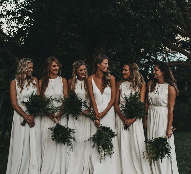 Bride in Bespoke Julia Ferrandi Backless Wedding Gown | Bridesmaids in White Dresses | Outdoor Woodland Wedding in South Africa | Michigan Behn Photography