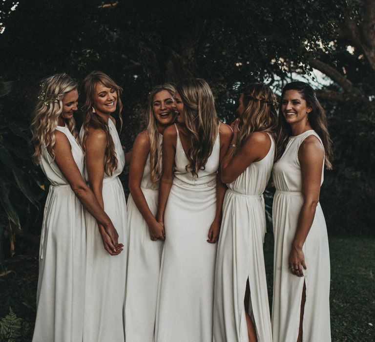 Bride in Bespoke Julia Ferrandi Backless Wedding Gown | Bridesmaids in White Dresses | Outdoor Woodland Wedding in South Africa | Michigan Behn Photography