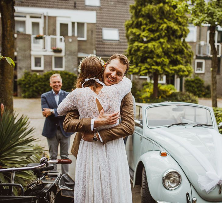 Rustic DIY Wedding In The Netherlands With Bride In Tea Length Vintage Gown And Images From Neil Jackson Photographic With Vintage Mint Green VW Beetle