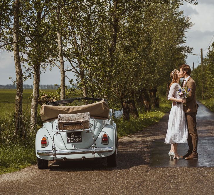 Rustic DIY Wedding In The Netherlands With Bride In Tea Length Vintage Gown And Images From Neil Jackson Photographic With Vintage Mint Green VW Beetle