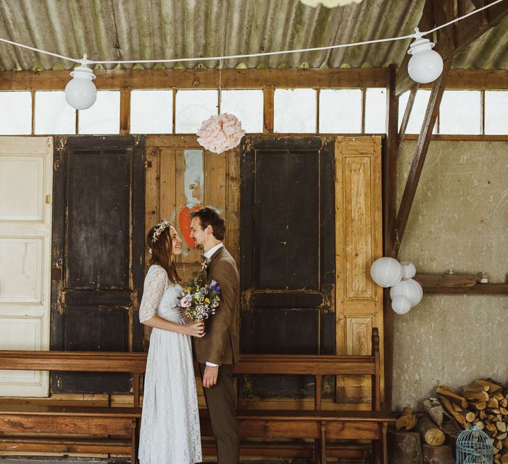 Rustic DIY Wedding In The Netherlands With Bride In Tea Length Vintage Gown And Images From Neil Jackson Photographic With Vintage Mint Green VW Beetle