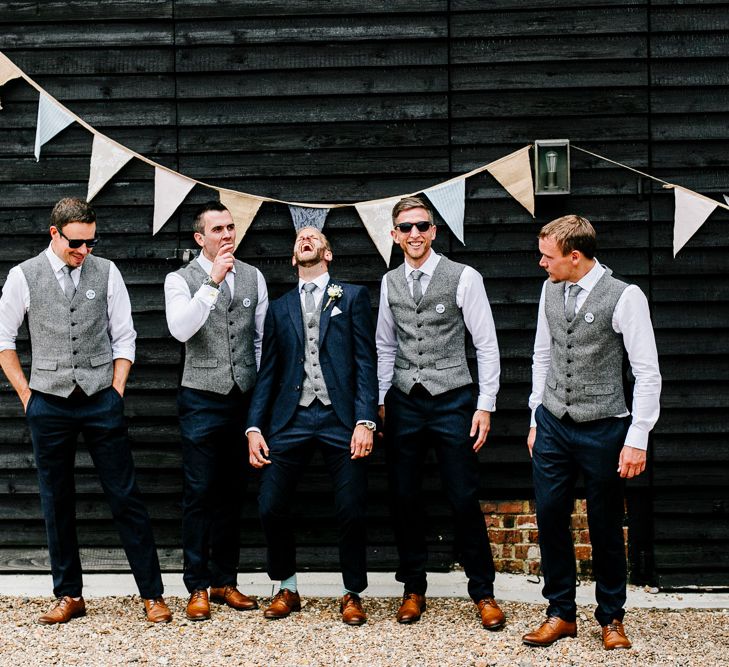 Groomswear // Navy Suits With Grey Waistcoats And Brown Brogues