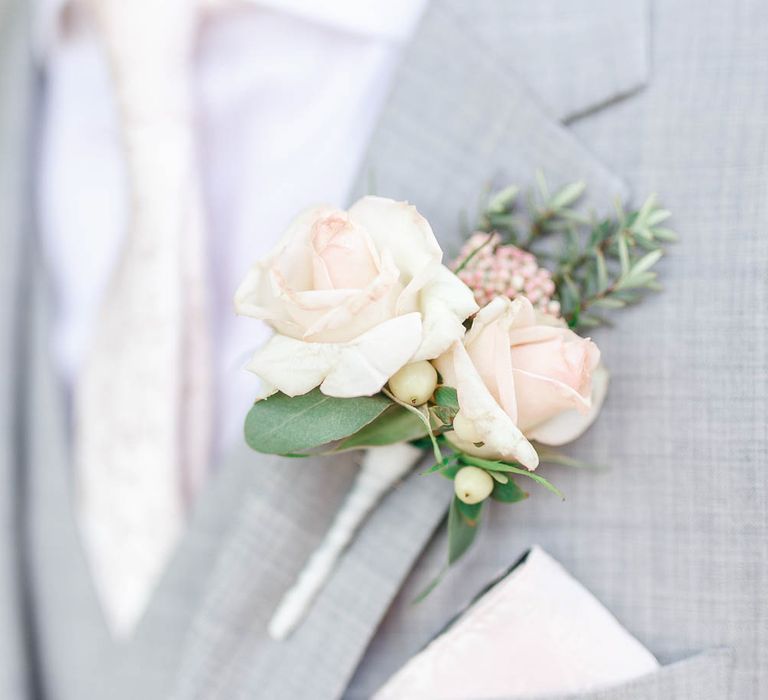 Blush Pink & White Rose Buttonhole | The Secret Garden Wedding Venue in Essex | White Stag Wedding Photography