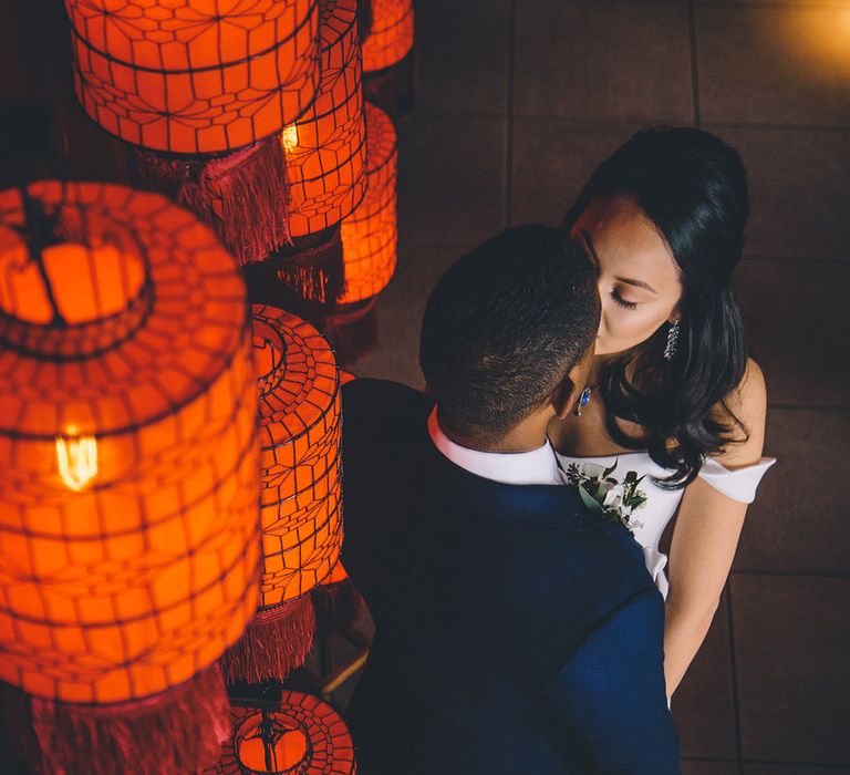 Bride in Reformation Poppy Gown | Groom in Navy Bespoke Club Suit | Stylish London Wedding Planned by Revelry Events | Story + Colour Photography