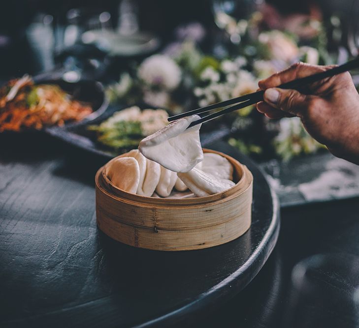 Chinese Wedding Breakfast | Wedding Ceremony | Bride in Reformation Poppy Gown | Groom in Navy Bespoke Club Suit | Stylish London Wedding Planned by Revelry Events | Story + Colour Photography