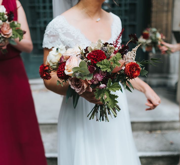 Red & Pale Pink Bouquet | Bride in Cymbeline Wedding Dress | Intimate Ceremony at Stoke Newington Town Hall | Miss Gen Photography