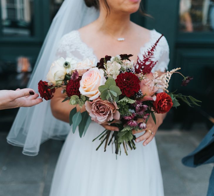 Red & Pale Pink Bouquet | Bride in Cymbeline Wedding Dress | Laid Back Pub Wedding at The Londesborough | Miss Gen Photography