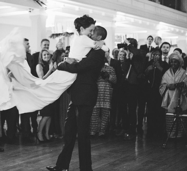 First Dance with Bride in Charlotte Simpson Wedding Dress & Groom in Tuxedo