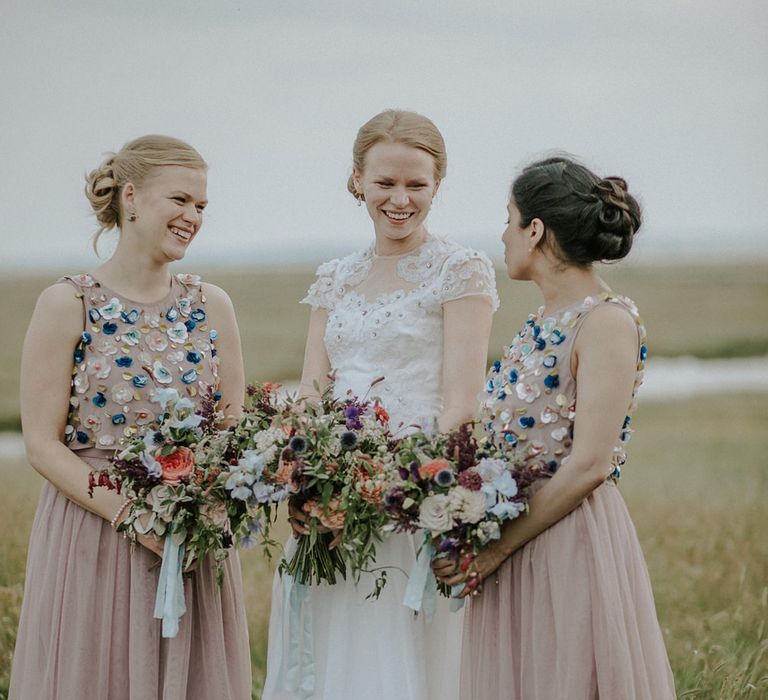 Bride in Alice Temperley Gown | Bridesmaids in Beaded Blush ASOS Dresses | Lola Rose Photography