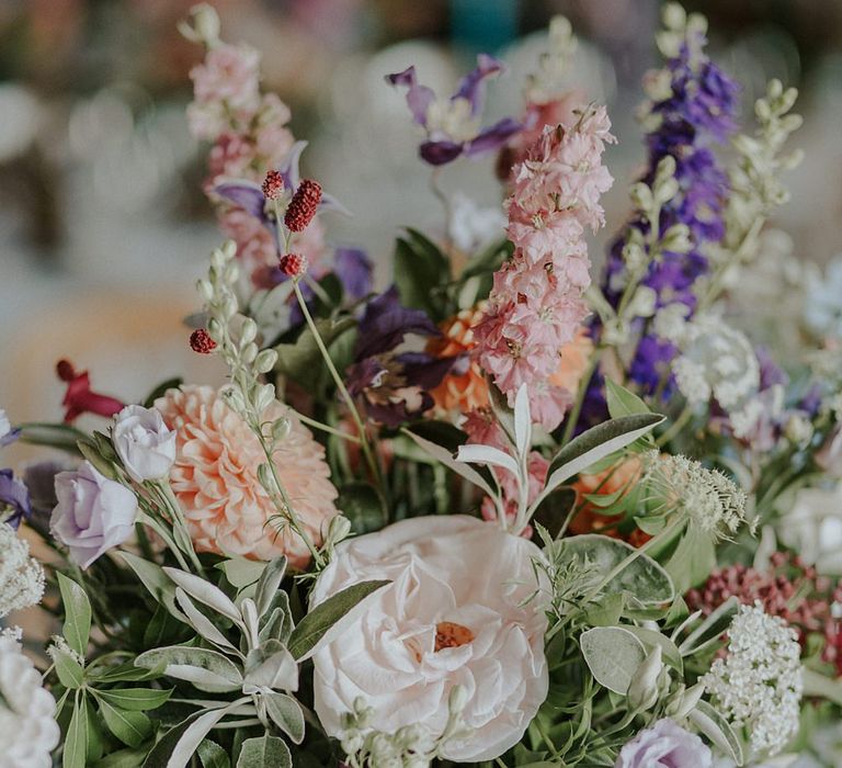 Colourful Wild Flower Arrangement by Joanne Truby | Elmley Nature Reserve Wedding | Lola Rose Photography