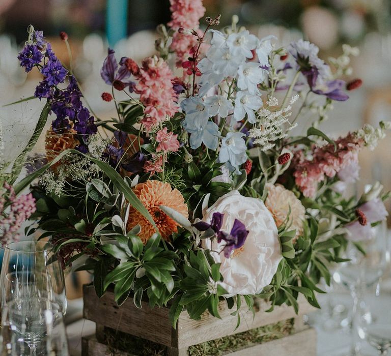 Colourful Wild Flower Arrangement by Joanne Truby | Elmley Nature Reserve Wedding | Lola Rose Photography