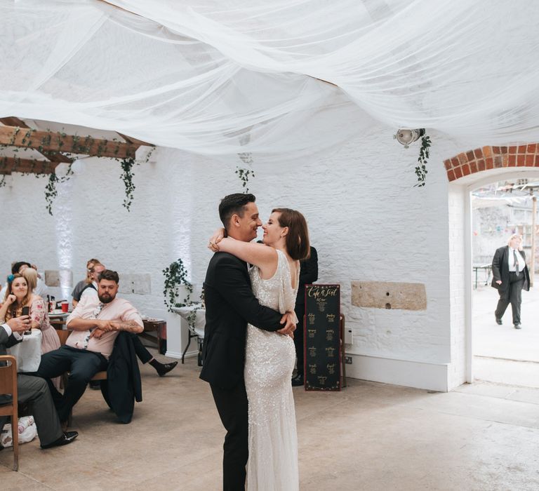 Sequin Phase Eight Wedding Dress For A Relaxed Wedding At The Little Theatre Cinema & The Silk Mill Studios With Image By Pear & Bear Photography