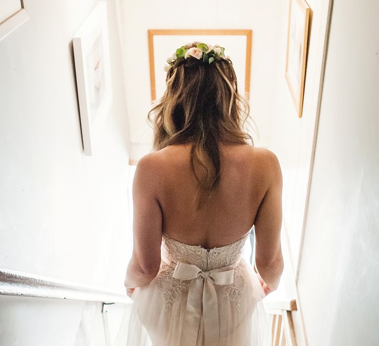 Bride In Maggie Sottero With Bow Back Detail // Rustic Tipi Wedding With Handmade Details At Purbeck Valley Farmhouse With Coastal Tents Tipi And Images From Darima Frampton Photography