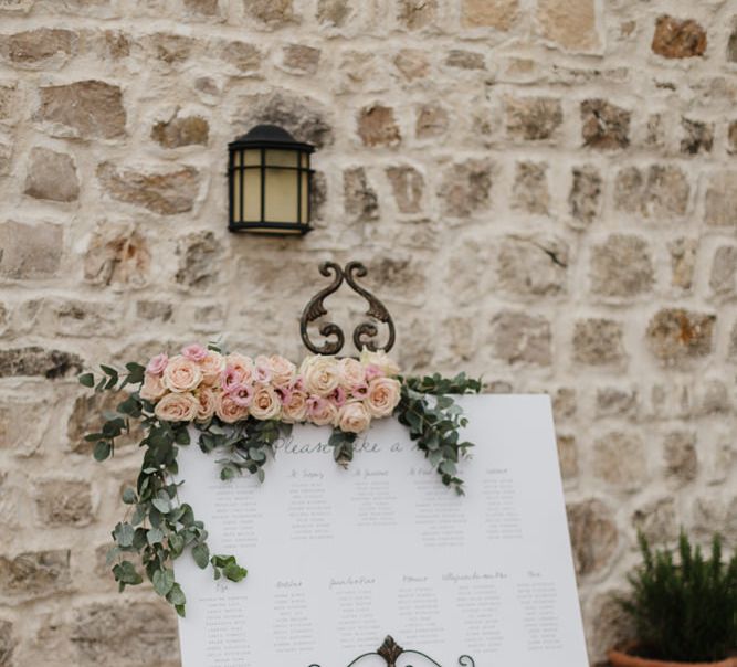 Wedding Welcome Sign with Flowers | Romantic Pink & White French Riviera Wedding at Chateau Saint Jeannet | Sebastien Boudot Photography | Shoot Me Now Films