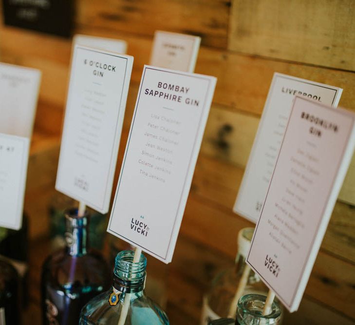 Gin Bottle Table Plan | Rustic Tipi Wedding at The Grange, Belluton, Pensford | Images by Felix Russell-Saw & Ryan Winterbotham