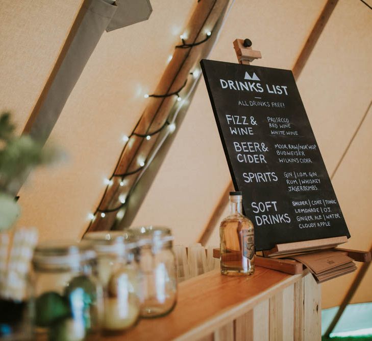 Chalkboard Bar Sign | Rustic Tipi Wedding at The Grange, Belluton, Pensford | Images by Felix Russell-Saw & Ryan Winterbotham