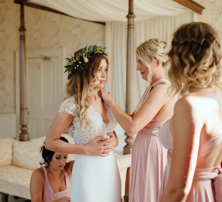 Getting Ready | Bride in Bespoke Suzanne Neville Scarlett Bridal Gown & Bridesmaids in Pink Twobirds Dresses | The Lou's Photography