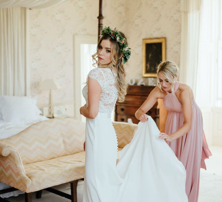 Getting Ready | Bride in Bespoke Suzanne Neville Scarlett Bridal Gown & Bridesmaids in Pink Twobirds Dress | The Lou's Photography