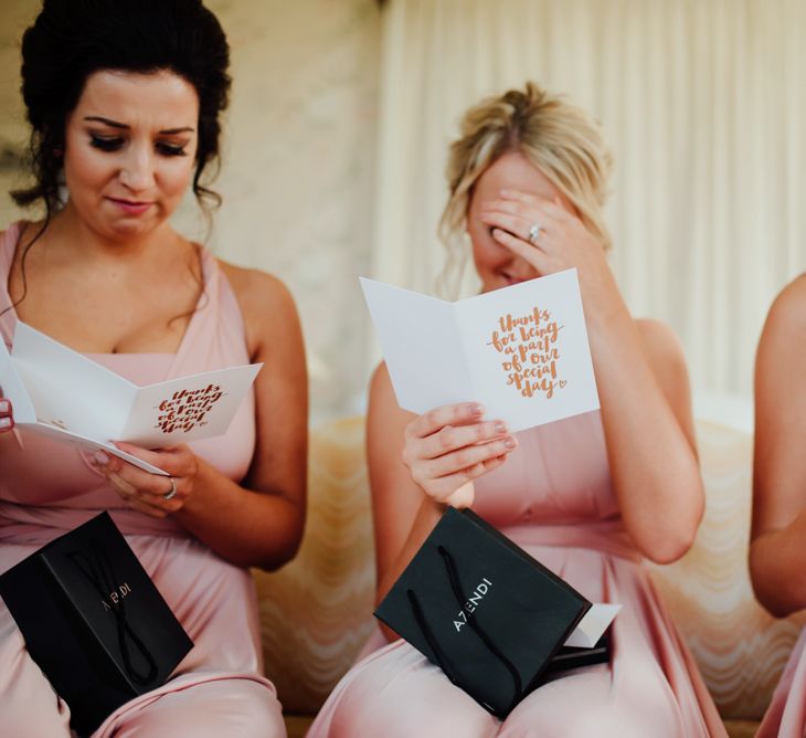 Thank-you Gifts | Bridesmaids in Pink Twobirds Dresses | The Lou's Photography