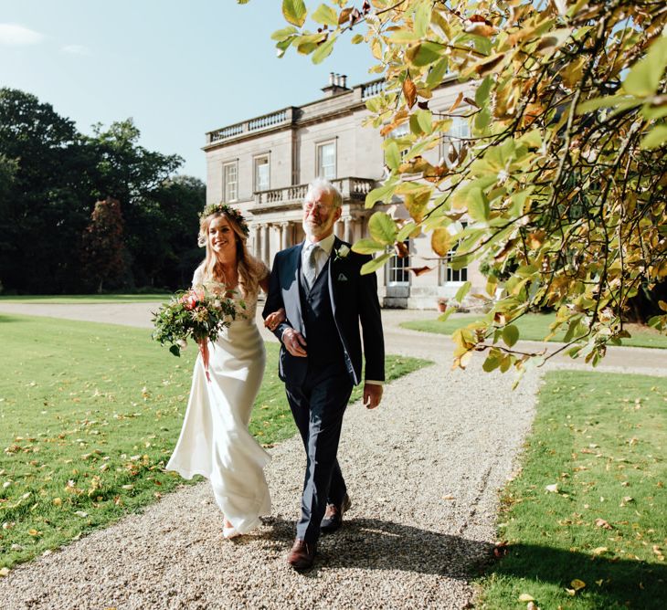 Bride in Bespoke Suzanne Neville Scarlett Bridal Gown | Protea Bouquet & Flower Crown | The Lou's Photography