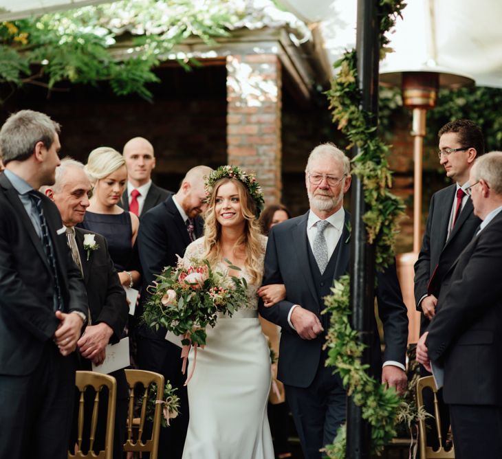 Bride in Bespoke Suzanne Neville Scarlett Bridal Gown | Protea Bouquet & Flower Crown | The Lou's Photography