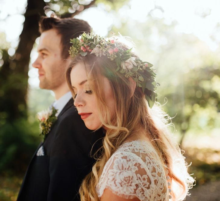 Bride in Bespoke Suzanne Neville Scarlett Bridal Gown | Groom in Herbie Frogg Suit & Liberty Print Mrs Bow Tie | The Lou's Photography