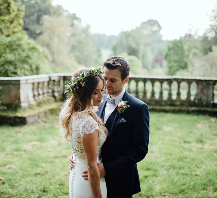 Bride in Bespoke Suzanne Neville Scarlett Bridal Gown | Groom in Herbie Frogg Suit & Liberty Print Mrs Bow Tie | The Lou's Photography