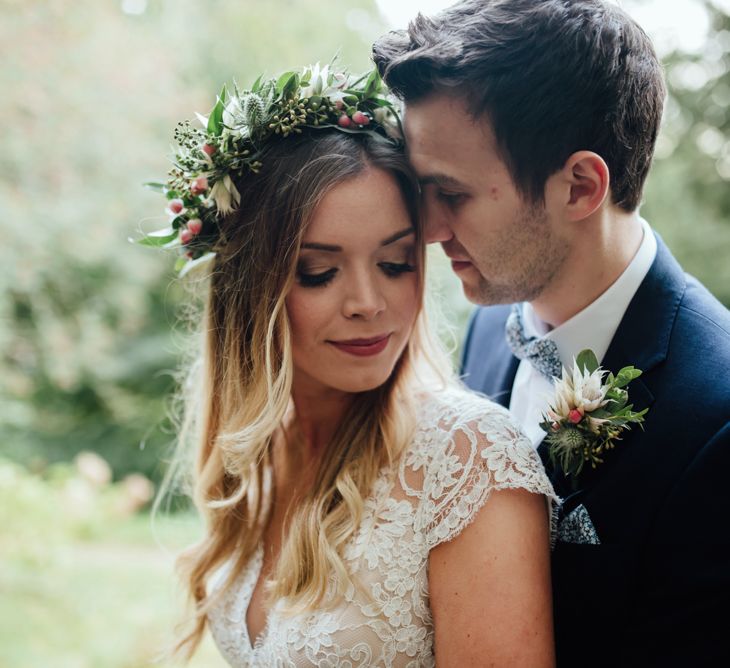 Bride in Bespoke Suzanne Neville Scarlett Bridal Gown | Groom in Herbie Frogg Suit & Liberty Print Mrs Bow Tie | The Lou's Photography