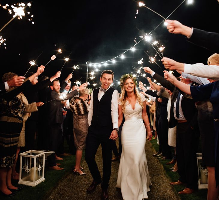 Sparkler Exit | Bride in Bespoke Suzanne Neville Scarlett Bridal Gown | The Lou's Photography