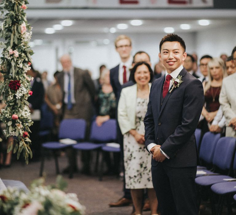 Groom at the Altar in Slater Suit | Country Wedding at Farmers Barns, Rosedew Farm, Cardiff | Grace Elizabeth Photography and Film