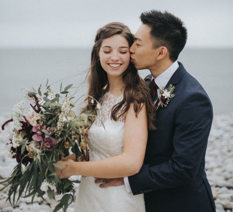 Coastal Portrait | Bride in Augusta Jones Sophia Gown | Groom in Slaters Suit | Country Wedding at Farmers Barns, Rosedew Farm, Cardiff | Grace Elizabeth Photography and Film