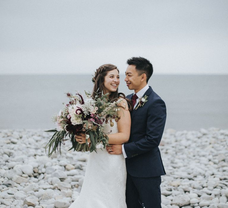 Coastal Portrait | Bride in Augusta Jones Sophia Gown | Groom in Slaters Suit | Country Wedding at Farmers Barns, Rosedew Farm, Cardiff | Grace Elizabeth Photography and Film